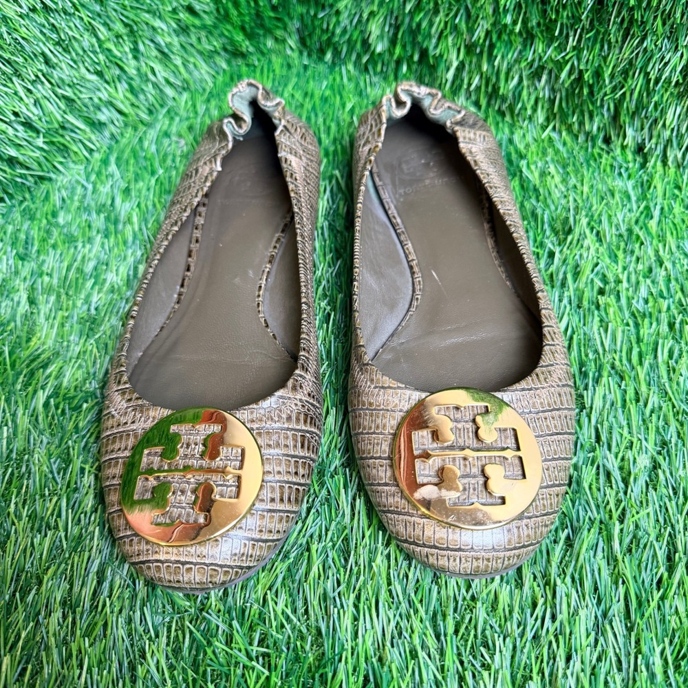 Tory Burch Reva Ballet Flats Bronze Metallic Croc Embossed Gold Logo Size 8.5 M